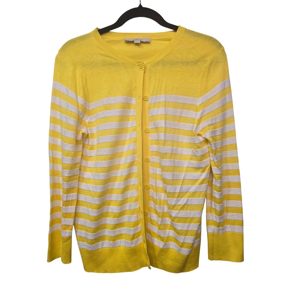LOFT Yellow White Striped Cardigan Sweater Womens M‎ Preppy Coastal Cottagecore